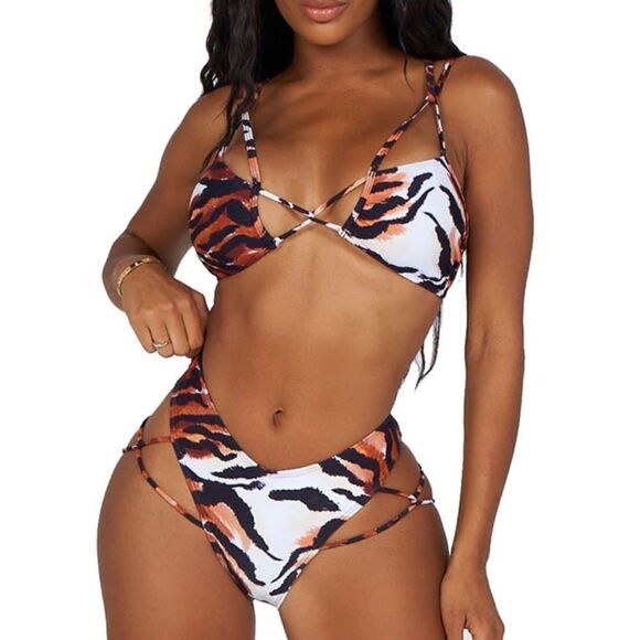 ICON SWIM FLEWED OUT BIKINI-BROWN ZEBRA PRINT S 2-PC NWT IN PKG - Picture 1 of 4